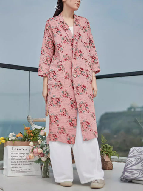 Women Ethnic Autumn Floral Ramie Cotton Long Coat