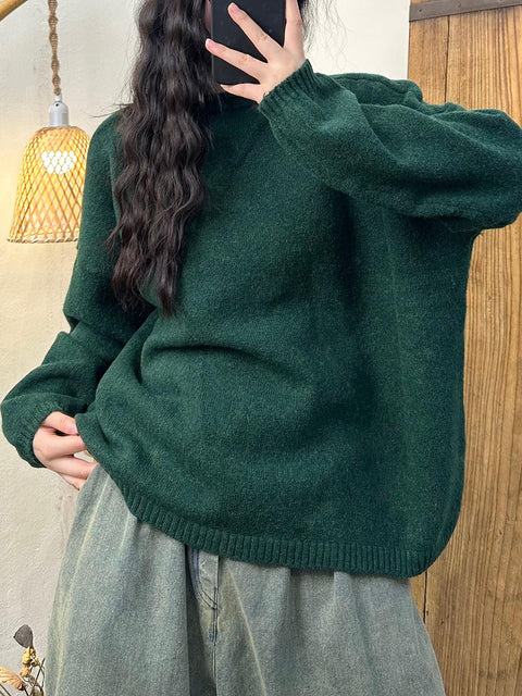 Women Vintage Autumn Solid O-Neck Knit Sweater