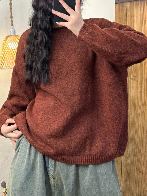 Women Vintage Autumn Solid Solid O-Neck Knit Sweater