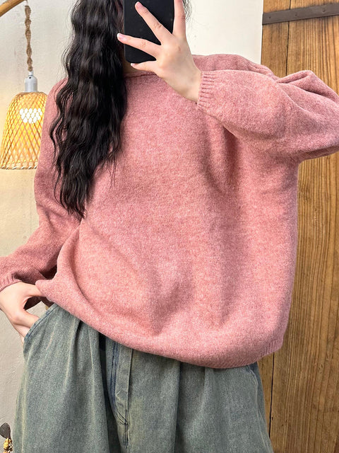 Women Vintage Autumn Solid O-Neck Knit Sweater