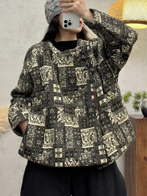 Women Autumn Vintage O-Neck Flower Cotton Coat