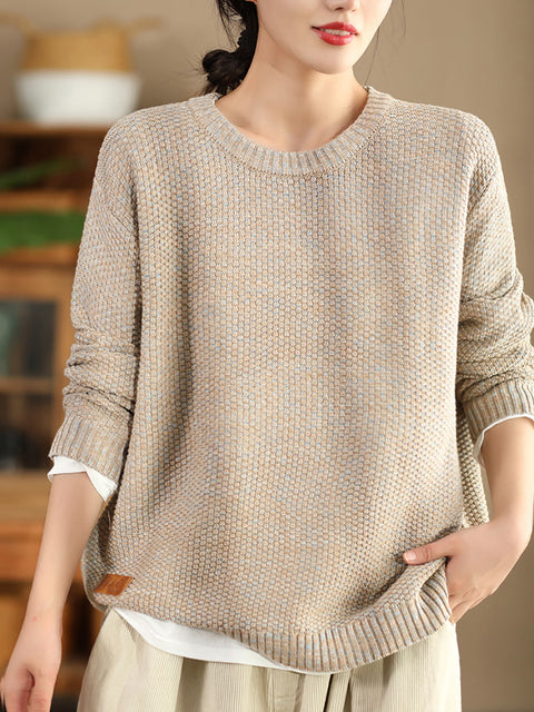 Women Vintage Autumn Solid O-Neck Loose Knit Sweater