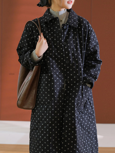 Women Autumn Vintage Turn-down Collar Dot Cotton Coat