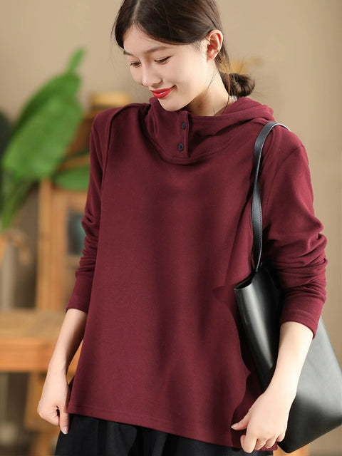 Women Autumn Casual Solid Hooded Loose Sweatshirt