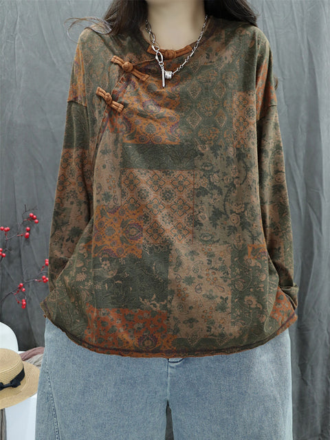 Women Autumn Vintage Flower Spliced O-Neck Sweatshirt