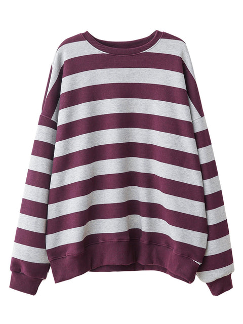 Women Autumn Casual Stripe Thick Cotton O-Neck Sweatshirt