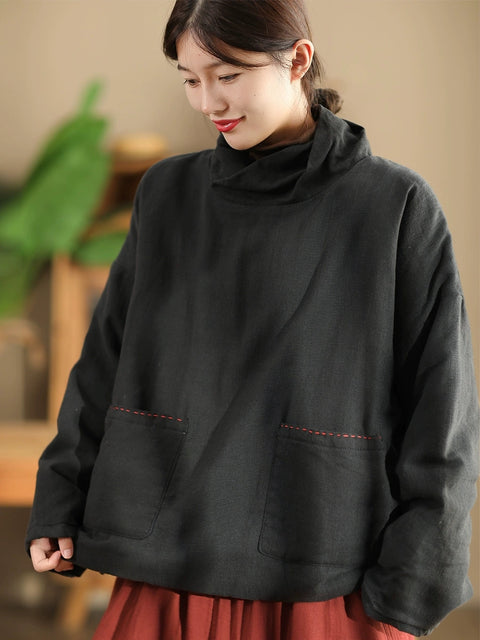 Women Autumn Vintage Turtleneck Solid Linen Padded Coat