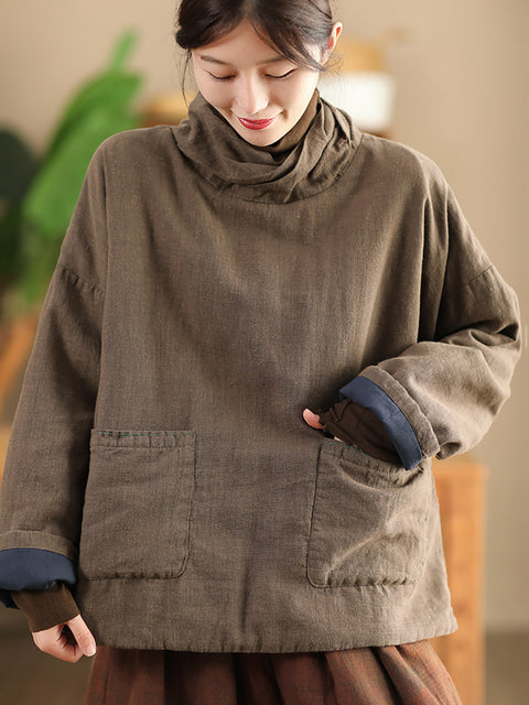 Women Autumn Vintage Turtleneck Solid Linen Padded Coat