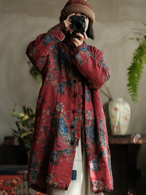 Women Autumn Vintage Stand Collar Flower Cotton Coat