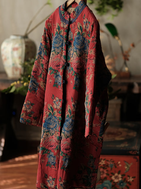 Women Autumn Vintage Stand Collar Flower Cotton Coat