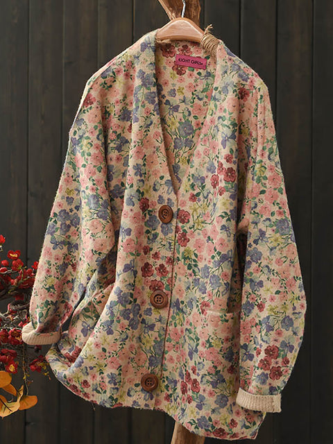 Women Casual Autumn V-Neck Floral Cardigan Sweater