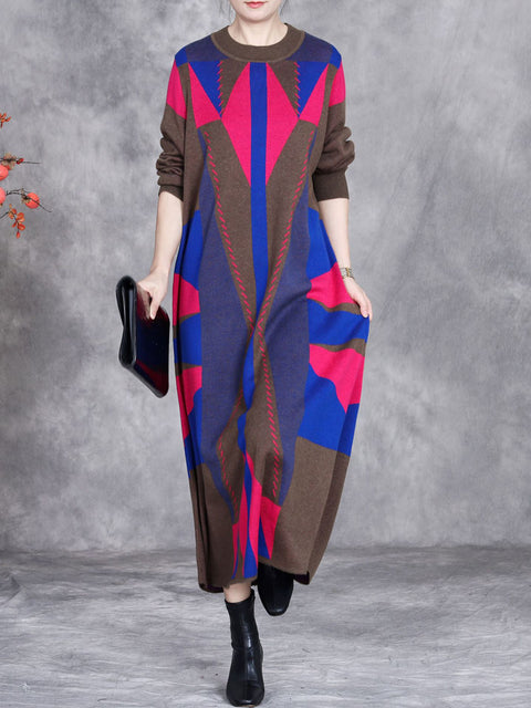 Women Autumn Artsy Colorblock Geometric Knit O-Neck Dress