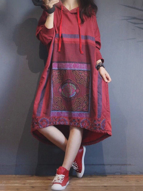 Women Ethnic Autumn Flower Hooded Cotton Dress