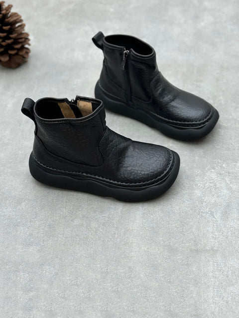 Women Winter Retro Genuine Leather Square Toe Ankle Boots