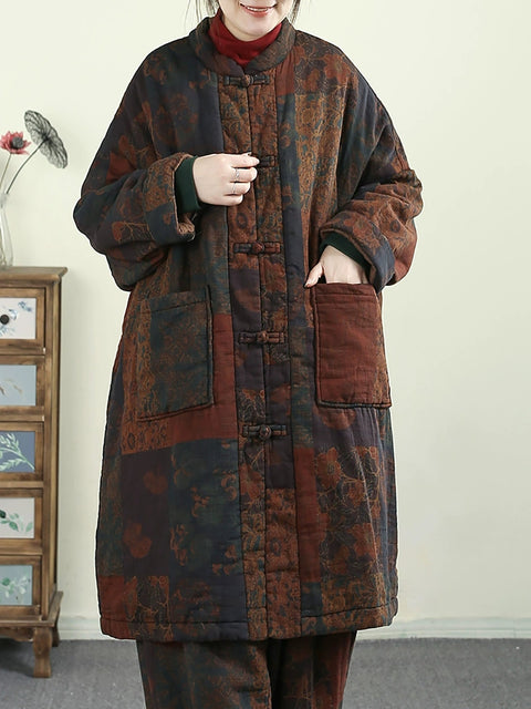 Women Autumn Vintage Stand Collar Patchwork 100%Cotton Coat