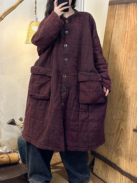 Women Autumn Casual Solid Warm Linen Padded Coat