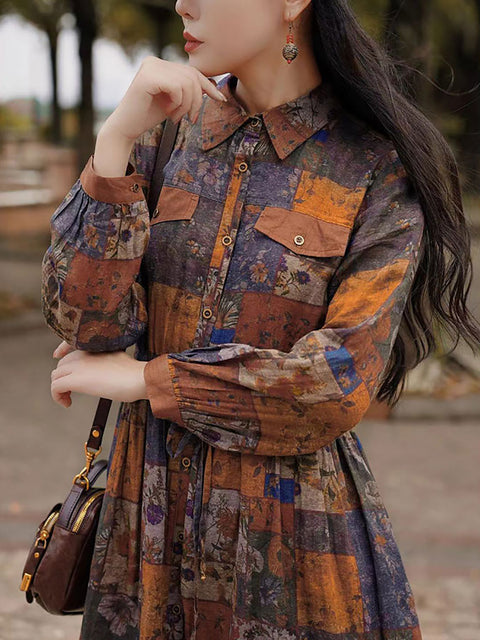 Women Vintage Autumn Flower Spliced Turn-down Collar Dress