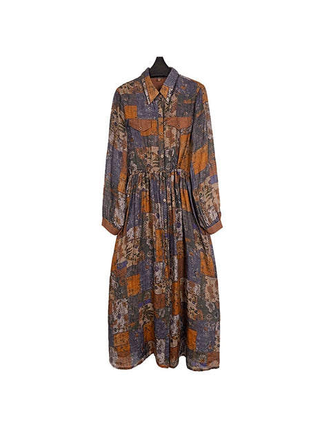 Women Vintage Autumn Flower Spliced Turn-down Collar Dress