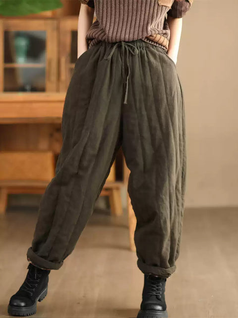 Women Winter Casual Solid Spliced Linen Padded Harem Pants