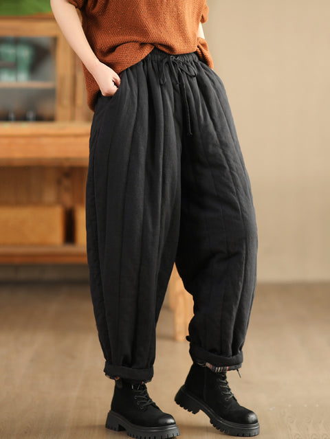 Women Winter Casual Solid Spliced Linen Padded Harem Pants