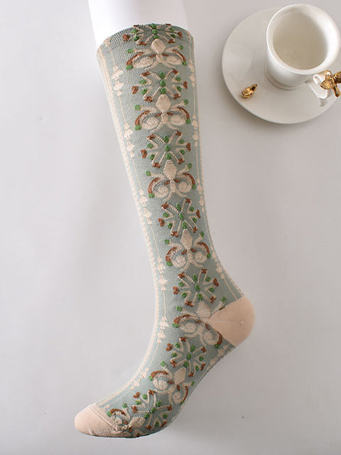 6 Pairs Women Artsy Floral Jacquard Cotton Long Socks