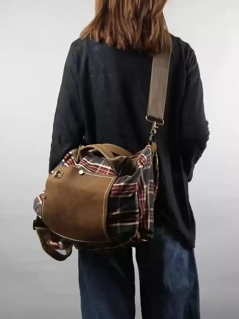 Women Vintage Plaid Leather Crossbody Bag