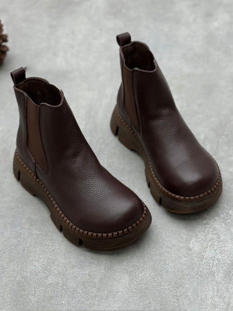 Women Retro Genuine Leather Platform Low-Heel Boots