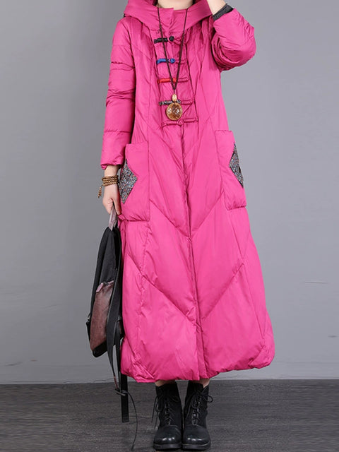 Women Winter Vintage Patch Hooded Long Down Coat