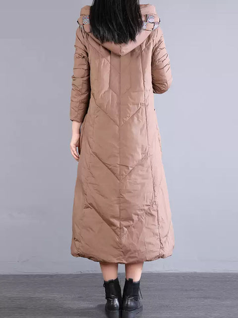 Women Winter Vintage Patch Hooded Long Down Coat