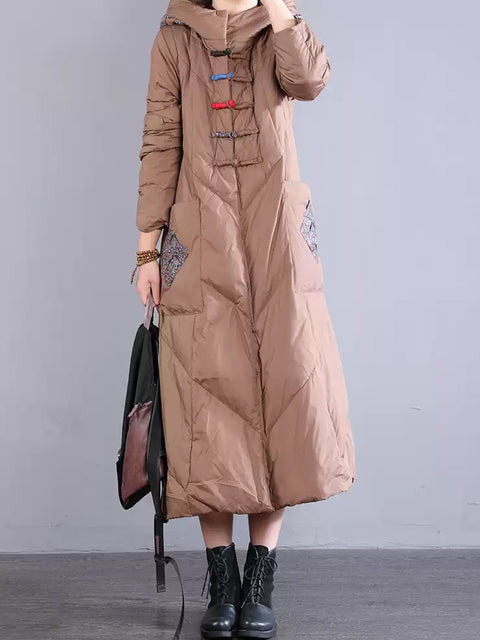 Women Winter Vintage Patch Hooded Long Down Coat