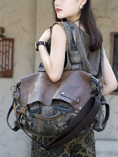 Women Casual Leather Canvas Spliced Shoulder Bag Crossbody Bag