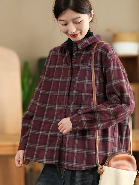 Women Vintage Autumn Plaid Cotton Turn-down Collar Shirt