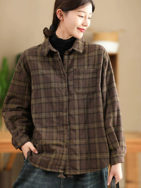 Women Vintage Autumn Plaid Cotton Turn-down Collar Shirt