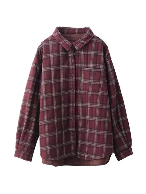 Women Vintage Autumn Plaid Cotton Turn-down Collar Shirt