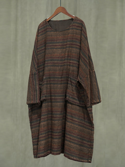 Women Autumn Casual Stripe Linen O-Neck Dress