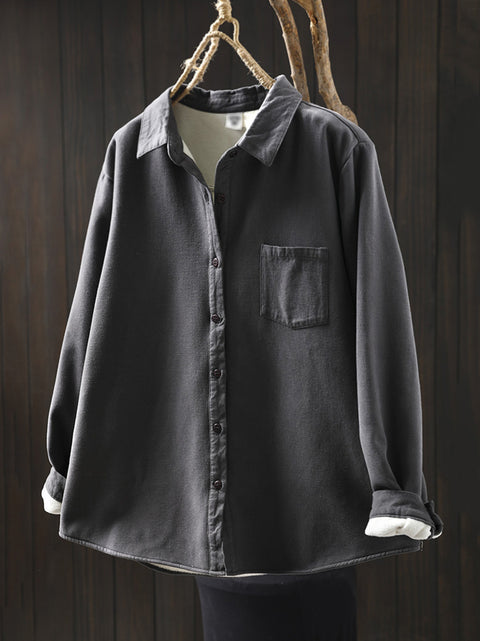 Women Vintage Autumn Solid 100%Cotton Fleece-lined Shirt