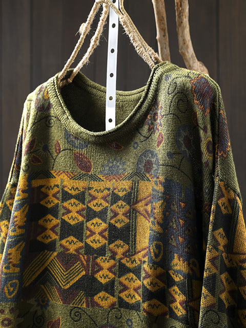 Women Autumn Ethnic Flower O-Neck Knit Sweater