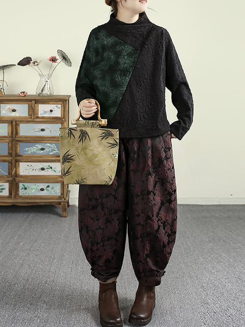 Women Winter Retro Flower Jacquard Fleece-lined Harem Pants