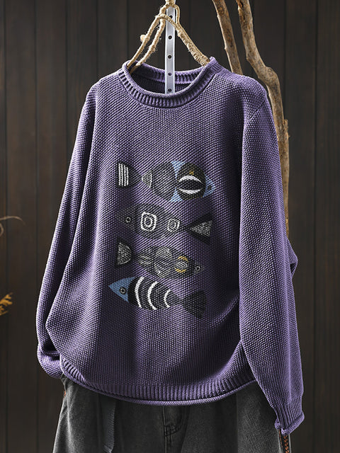 Women Autumn Artsy Fish Print O-Neck Sweater