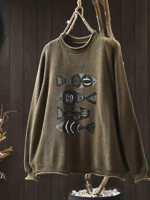 Women Autumn Artsy Fish Print O-Neck Sweater