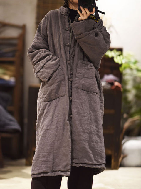 Women Winter Casual Pure Color Linen Padded Long Coat