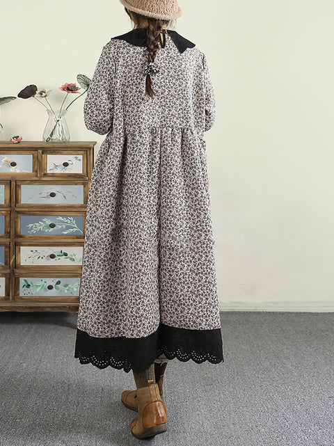 Women Autumn Floral O-Neck Lace Loose Dress