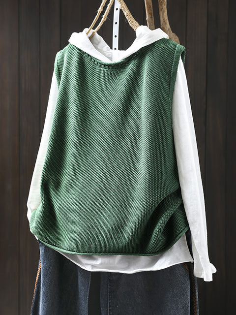 Women Vintage Pure Color O-Neck Knit Vest