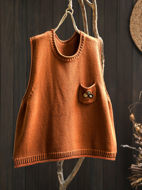 Women Vintage Flower Pocket O-Neck Knit Vest