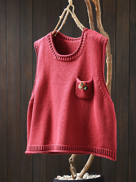 Women Vintage Flower Pocket O-Neck Knit Vest