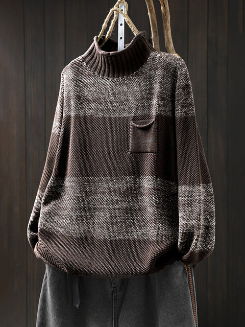 Women Autumn Casual Colorblcok Half-Turtleneck Sweater