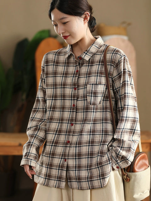 Women Autumn Cotton Turn-down Collar Plaid Shirt