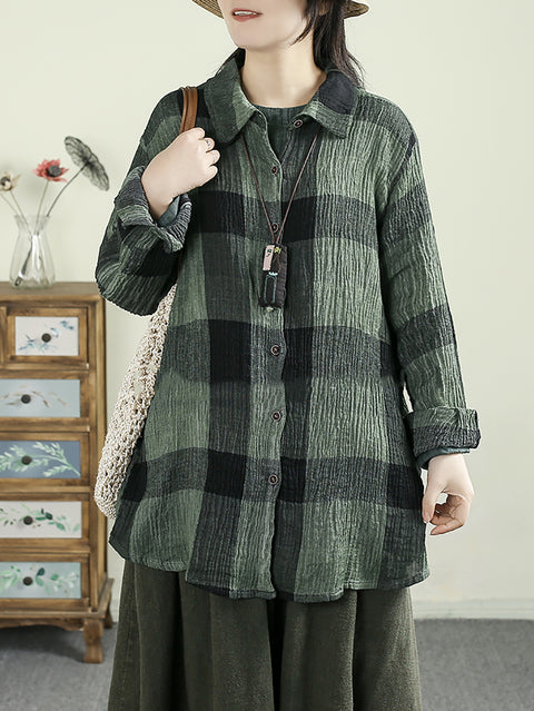 Women Autumn Cotton 100%Linen Plaid Shirt