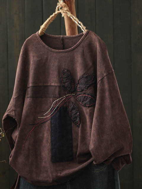 Women Autumn Patch O-Neck Sweatshirt