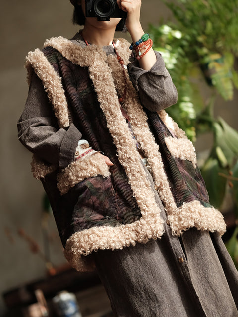 Women Retro Flower Corduroy Fleece Spliced Vest Coat